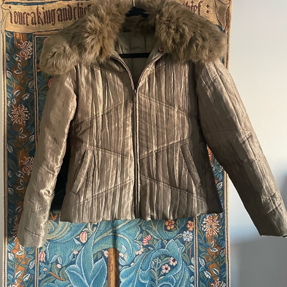 Stefanel beige Metallic Teddy Jacket with Fur Trim